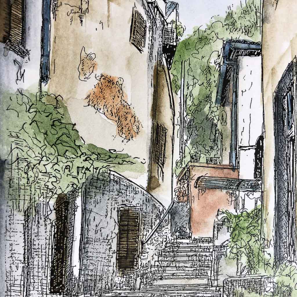 Volosko Stone Stairway Watercolor